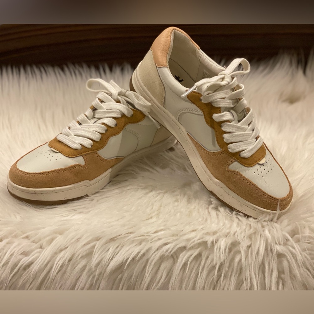 Madewell Court Sneakers- White- Camel, Cream, and Dusty Rose Suede Accents